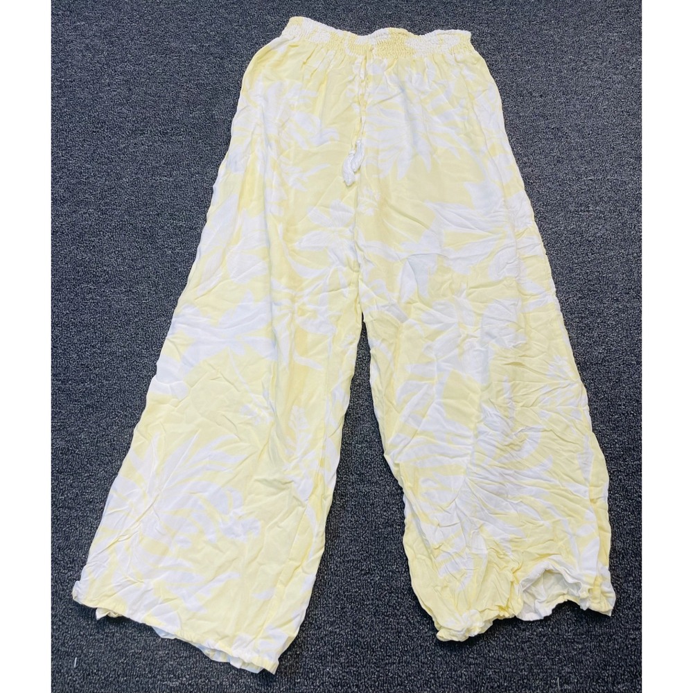 Kiwi + Punch Pants Womens Small Yellow Floral Wide Leg Smocked Waist Beach Boho